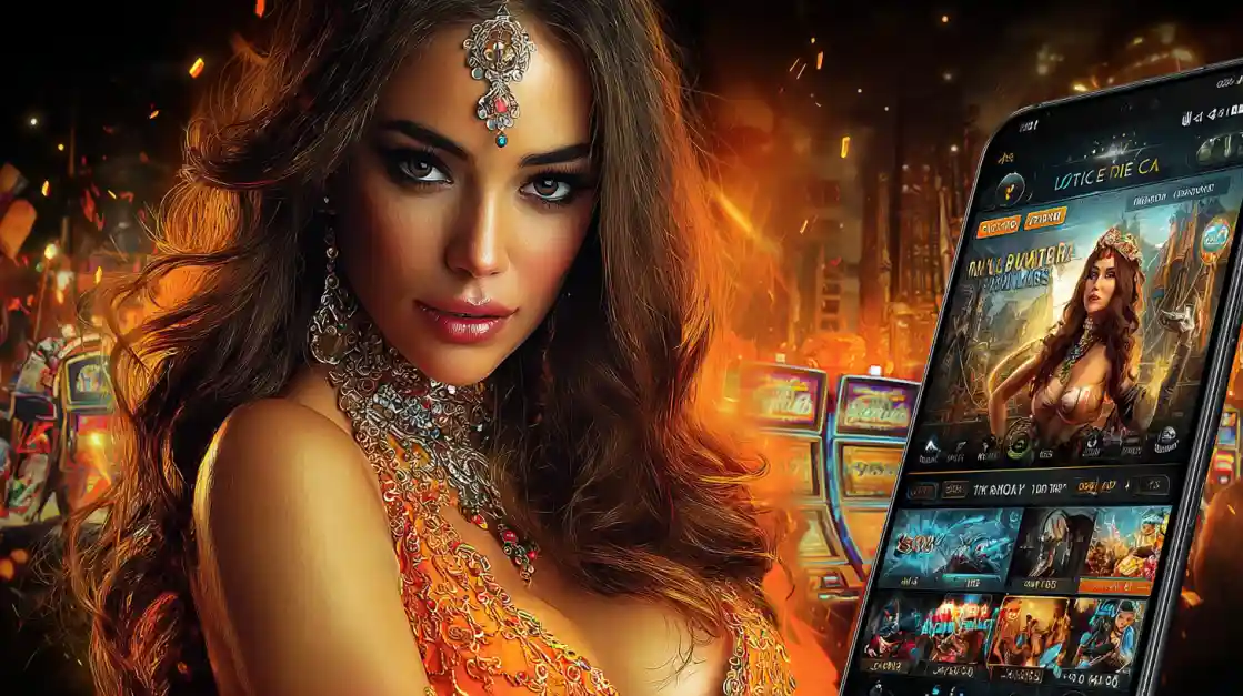 Elegant woman in golden jewelry and orange dress posing near BD2222 slot machines while holding smartphone with glowing casino interface