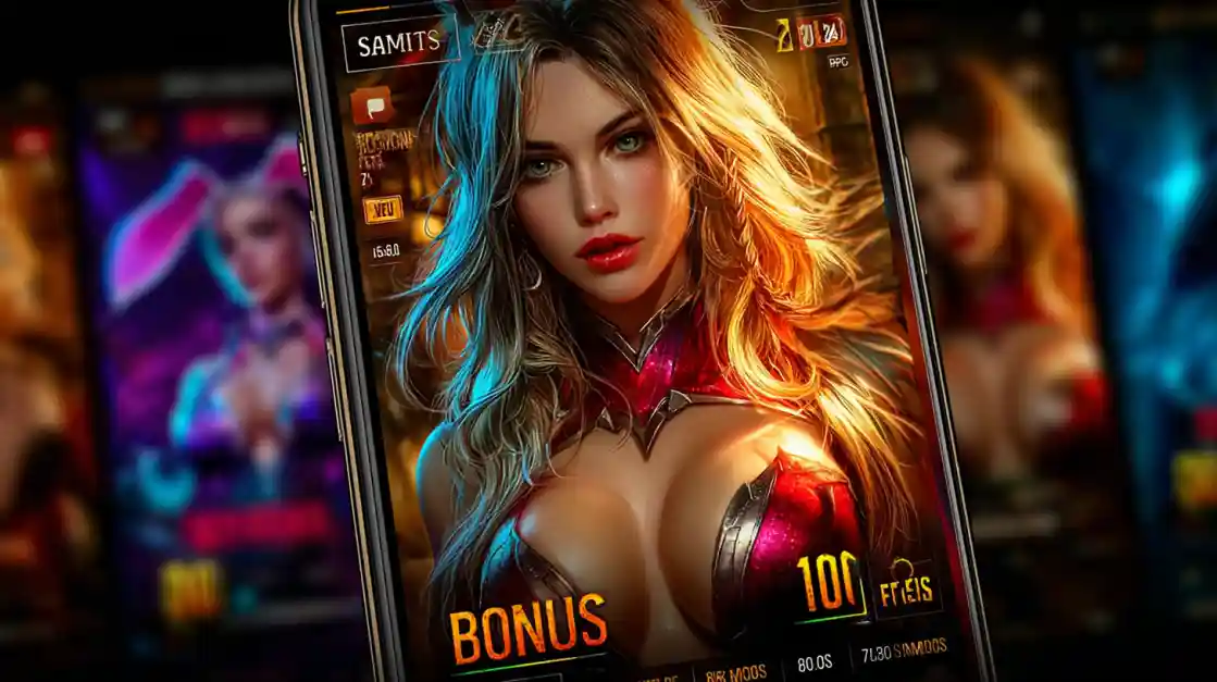 Three glamorous women in red, gold and silver sparkling outfits posing before BONUS background in BD2222 promotional casino celebration style