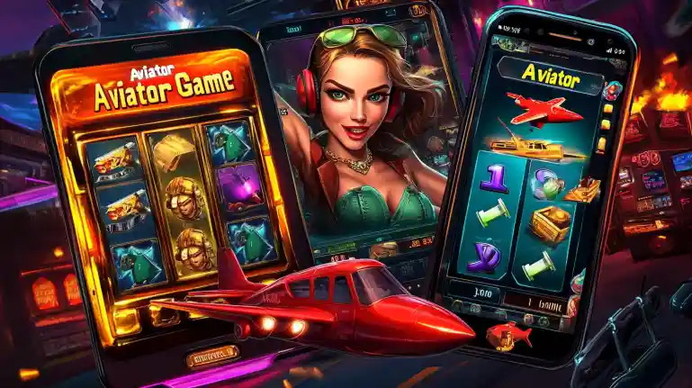 Three smartphones showing Aviator slot reels with red airplane flying out, featuring BD2222 mobile casino adventure with neon glow