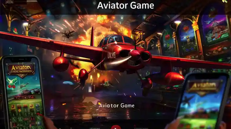 Red airplane soaring through fiery sky with glowing neon lights and explosions, promoting BD2222 Aviator high-stakes casino gameplay