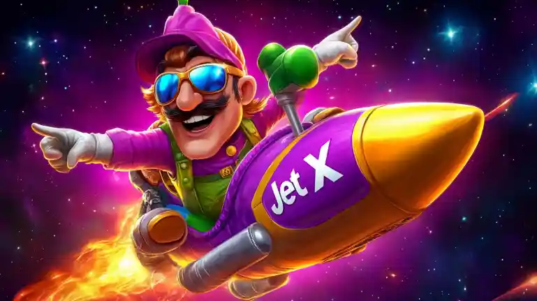 Smiling astronaut woman in purple spacesuit floating in neon galaxy with rocket launch and BD2222 Spaceman slot design