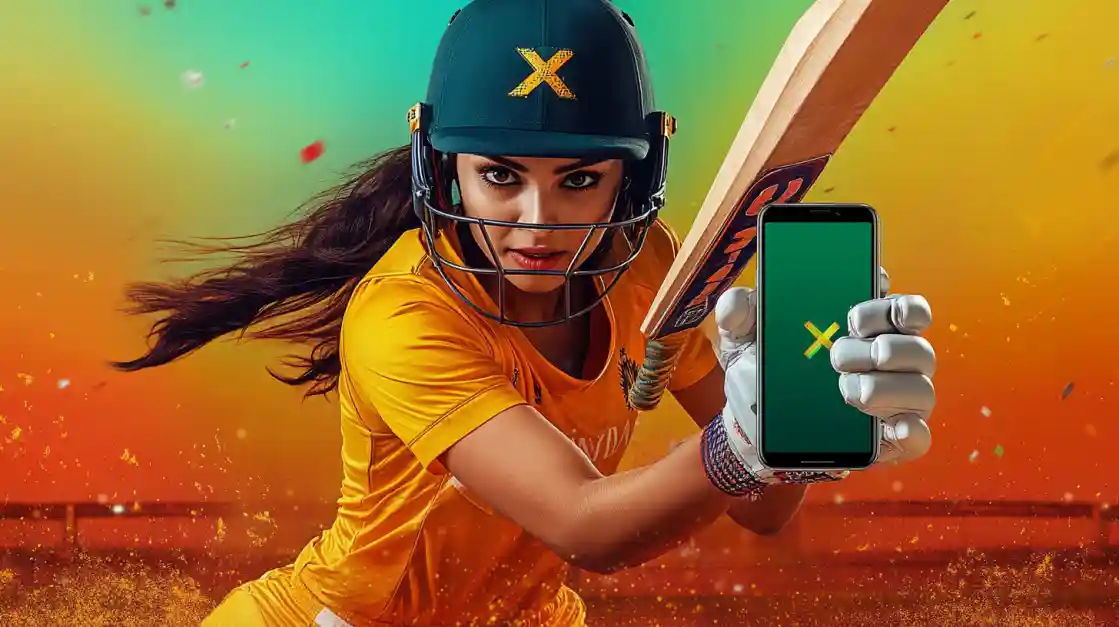 Determined female cricket player in yellow uniform holding bat and smartphone with BD2222 app glowing in dynamic sports scene