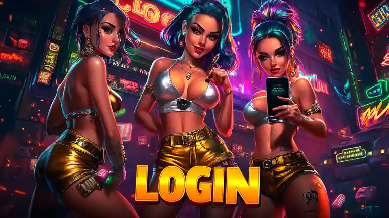 Three glamorous women in golden shorts and silver tops posing with neon lights and glowing LOGIN text for BD2222 casino promotion