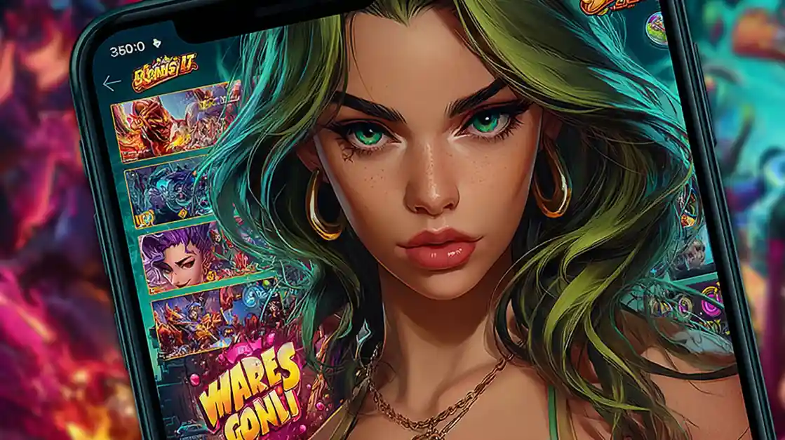 Close-up of woman with green hair and emerald eyes holding smartphone showing BD2222 slot reels with vibrant fantasy designs
