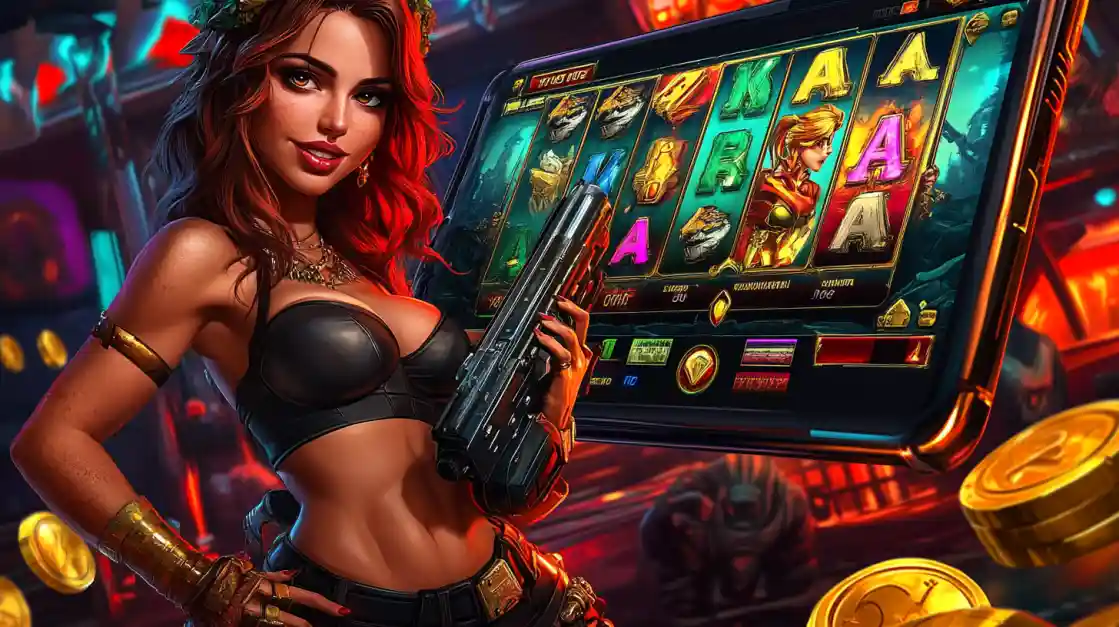 Seductive woman with red hair in black outfit holding weapon in front of glowing BD2222 slot machine with neon reels and golden coins